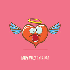 Vector Valentines day greeting card with funny cartoon pink heart character with wings and holy angel golden nimbus isolated on pink background. Conceptual valentines day comic funky kids poster