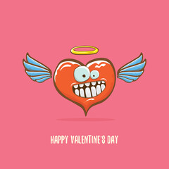 Vector Valentines day greeting card with funny cartoon pink heart character with wings and holy angel golden nimbus isolated on pink background. Conceptual valentines day comic funky kids poster