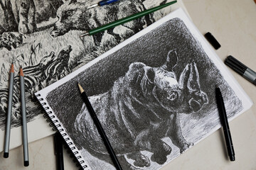 black and white illustration of a rhino