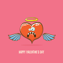 Vector Valentines day greeting card with funny cartoon pink heart character with wings and holy angel golden nimbus isolated on pink background. Conceptual valentines day comic funky kids poster