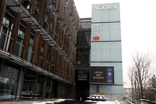 Private publisher Agora building is pictured with the slogan displayed on the screen 'Media without choice' in protest 'Media without choice' in protest against a proposed media advertising tax