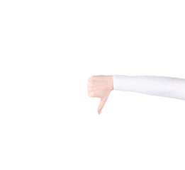 caucasian woman right arm hand fist pointing thumb down isolated on white
