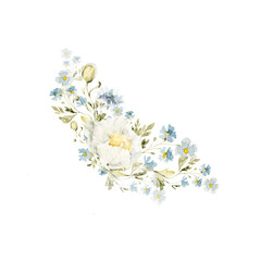 Watercolor floral bouquet. Hand painted set of forest greenery, wildflowers, herbs. Green leaves, chamomile isolated on white background. Botanical illustration for design, print or background