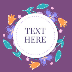 Beautiful card with a round wreath of different flowers of vintage garden. Vector illustration