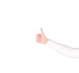 caucasian woman right arm hand fist showing thumb up sign isolated on white