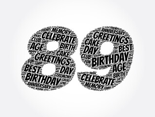 Happy 89th birthday word cloud, holiday concept background