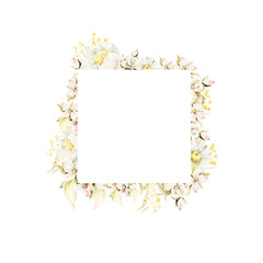 Watercolor floral frame. Hand painted wreath of forest greenery, wildflowers, herbs. Green leaves, chamomile isolated on white background. Botanical illustration for design, print or background