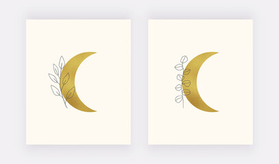 Gold foil moon with leaves wall art print. Boho mid century design posters