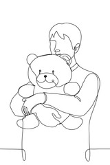 male teenager or young man holding a cute teddy bear in his arms. one line drawing concept of return to childhood, student return home, breaking gender stereotypes, desire for skinship,