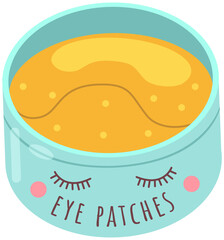 Hydro gel patches. Under eye skin care product. Yellow beauty pads in a cute cartoon plastic container. Transparent patch applicator. Skin rejuvenation and under-eye care product vector image