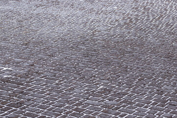 Paving stones with snow and particles deicing agent texture