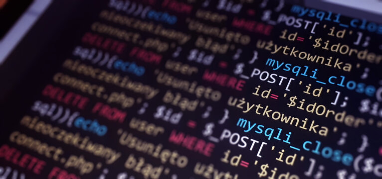 Software development monitor screen background. Developer display with source code. Programming concept