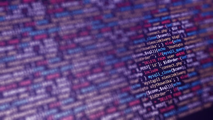 Software development monitor screen background. Developer display with source code. Programming...