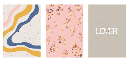 A set of three colorful aesthetic backgrounds. Minimalistic abstract social media posters, cover designs. Illustrations with positive lettering, wavy shapes, flowers with golden texture.