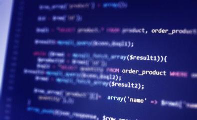 Software development monitor screen background. Developer display with source code. Programming...