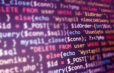 Software development monitor screen background. Developer display with source code. Programming...