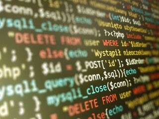 Obraz premium Software development monitor screen background. Developer display with source code. Programming concept