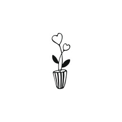 Plant growth with simple doodle hearts. Hand drawn flowerpot with hearts isolated on white background. Valentine's Day symbol. Vector illustration.