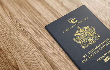 Saint Kitts and Nevis passport on a wooden background, VIP travel