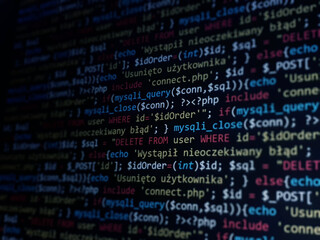 Software development monitor screen background. Developer display with source code. Programming...