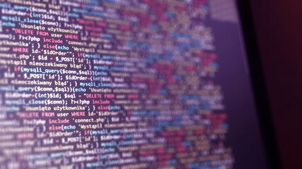 Software development monitor screen background. Developer display with source code. Programming...