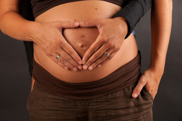 hands of pregnant woman and her female partner in heart shape on her belly. High quality photo