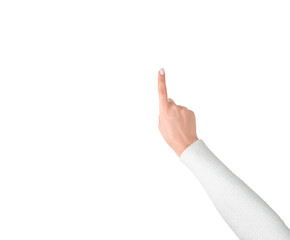 caucasian woman right hand pointing up with index finger isolated on white