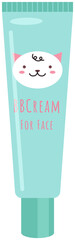 Cute face bbqcream in tube isolated on a white background. Blue tube sticker with cheerful kitten head. Tone cream, face and body skin care product. Part of series of korean decorative cosmetics items