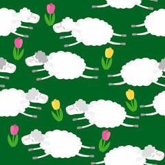 Sheep of white color on a green background between flowers of tulips. Seamless pattern in flat cartoon childish style.