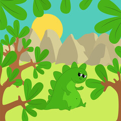 Fototapeta premium Green dinosaur against the background of a prehistoric mountain landscape and trees. Cartoon character in childish style. A cute and ancient animal.