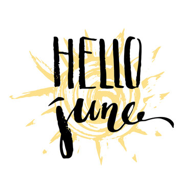 Hello june hand lettering with yellow sun background