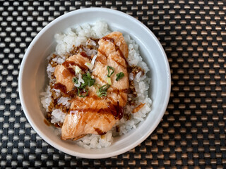 rice with salmon top view