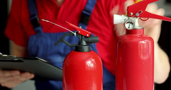 fire safety and equipment maintenance service - man checking extinguisher condition and writing documents