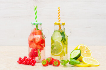 Detox fruit infused water. Refreshing summer homemade cocktail