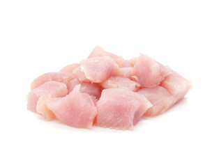Pieces of chicken fillets isolated on white background. Small pieces of raw meat.