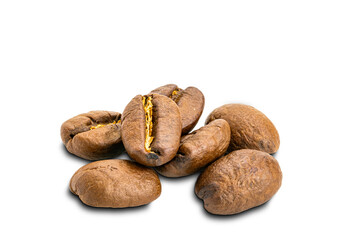 Closeup pile of coffee beans on white background.