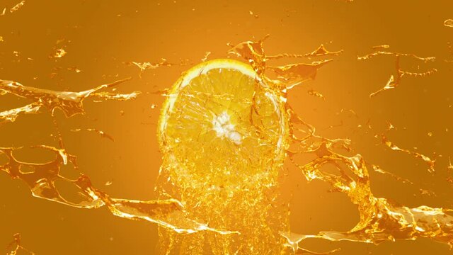 3D Rendering Splash Fresh Orange Juice. Explosion Orange juice liquid with Orange fruit on yellow background. 3D Render.