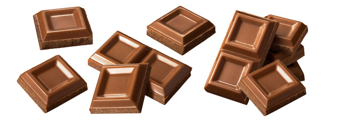 Chocolate bar pieces isolated on white background. Big set for package design.