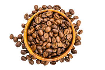 Top view of coffee beans in wooden bowl on white background.