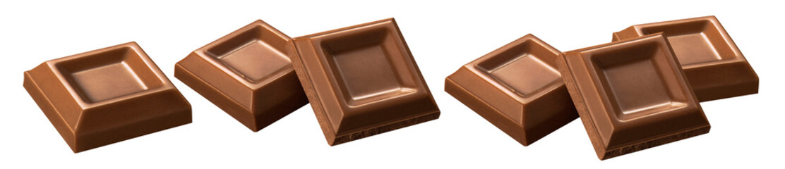 Chocolate bar pieces isolated on white background