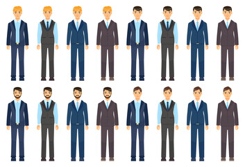 Collection of vector cartoon characters. Businessman wearing suit or costume with coat, tie, shirt, vest, trousers. Dresscode of adult business person. Different style costumes. Men clothing