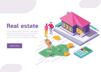 Real estate isometric landing page. Web banner design of cottage with key, calculator, scattered coins and money bills. Character man makes a deal with an agent. House loan, rent and mortgage concept.