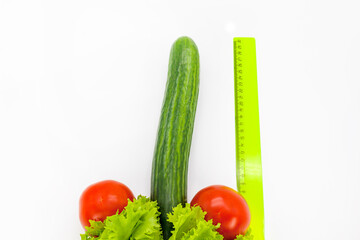 Male problems, Concept - the size of a male penis, Concept of increasing male penis and operation, increase male organ, cucumber and tomatoes with tape measure on a white