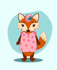 Vector illustration of an anthropomorphic fox with a simple background in a static pose. The lady is wearing a dress and a hat.