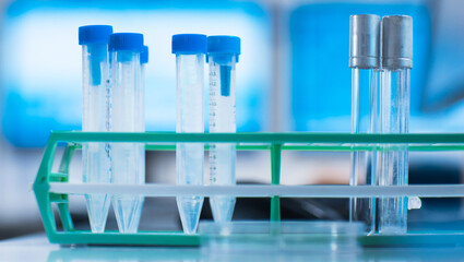 Interior of modern scientific research laboratory. Genetic engineer workplace. Future technology and science.