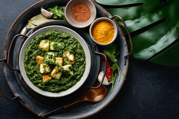 Palak Paneer indian traditional food with cheese and spinach on black background, view from above