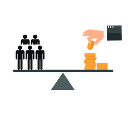 Equal arm balance scales. people, equality and money concept.