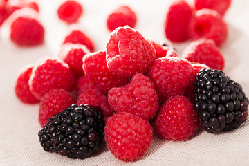 handful of fresh raspberry and blackberry berries on white background