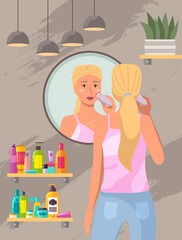 Woman uses equipment to cleanse and scrub her face. Girl is doing morning routine in the bathroom. Female character is looking in the mirror. Girl is holding an electric brush to clean her face