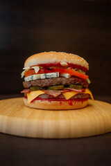 burger with cheese and tomato on a wooden plank